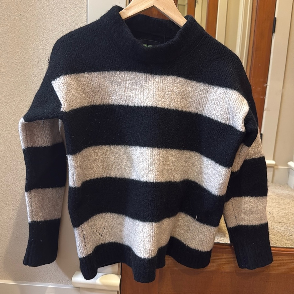 Zadig & Voltaire Striped Wool Sweater Black Cream Relaxed Fit Cozy Knit Size L